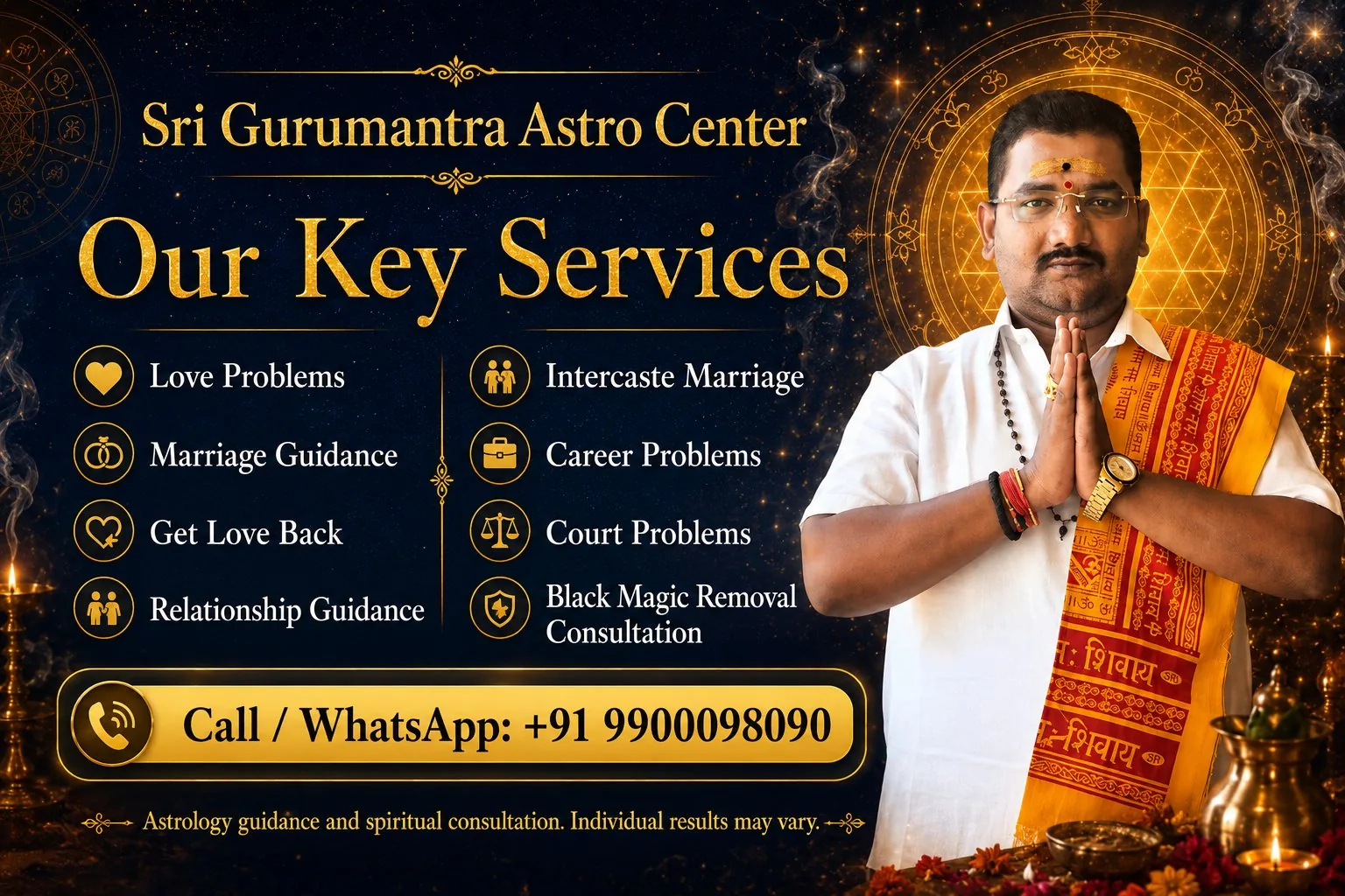 Sri Gurumantra Astro Center key services in Bangalore — love, marriage, vashikaran, black magic removal